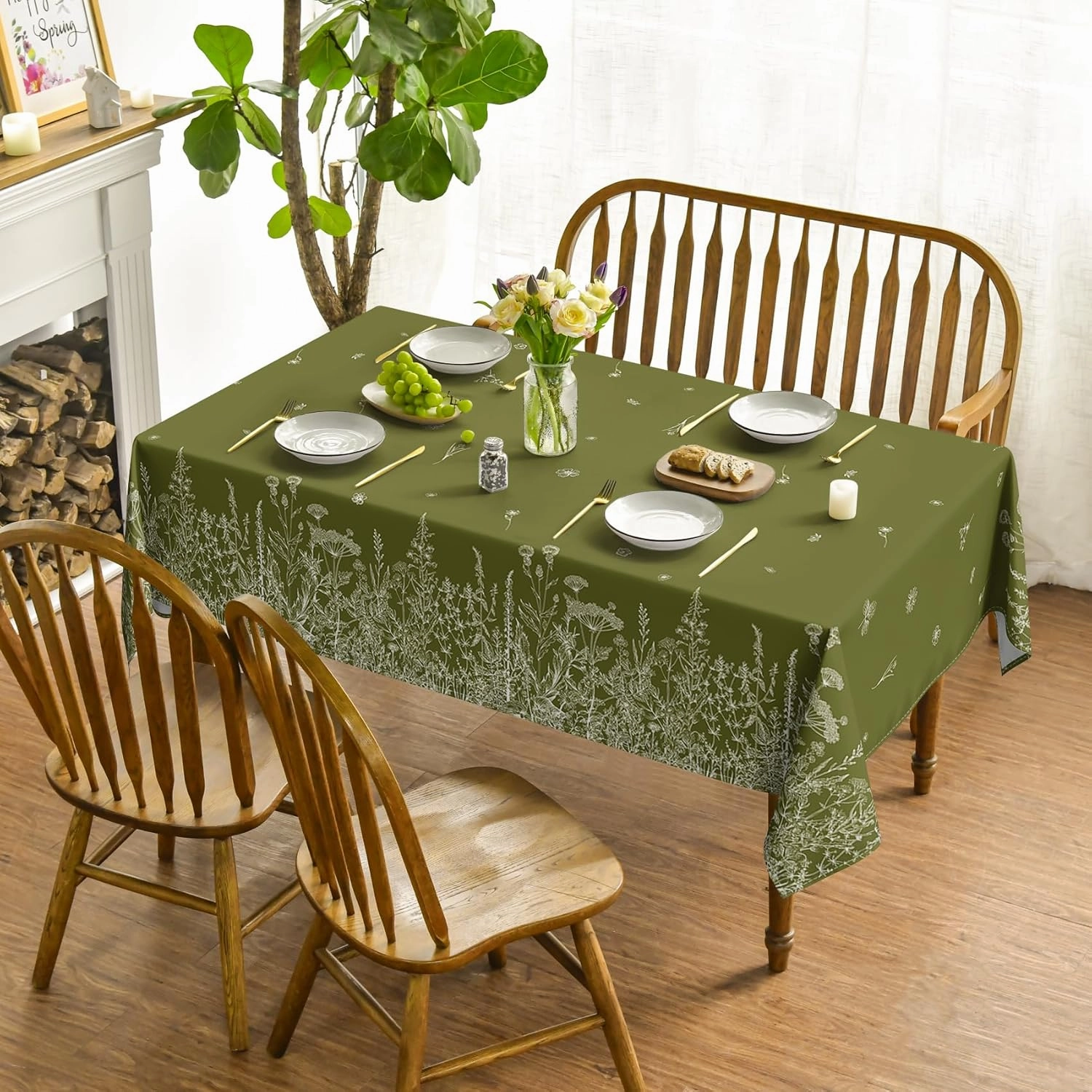 Horaldaily Spring Summer Tablecloth 60×120 Inch Rectangular, Wild Flowers Floral Moss Green Washable Seasonal Table Cover for Party Picnic Dinner Decor
