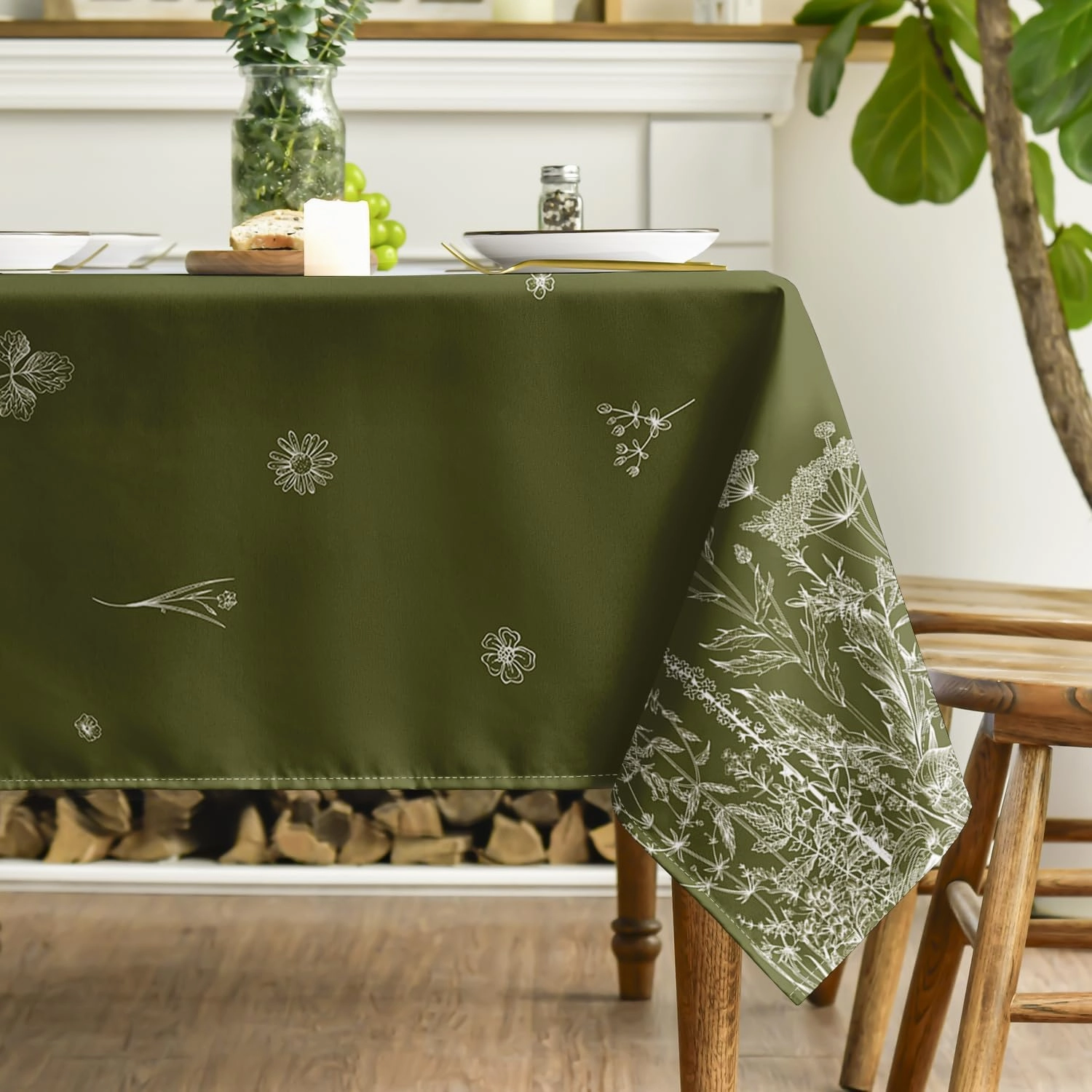 Horaldaily Spring Summer Tablecloth 60×120 Inch Rectangular, Wild Flowers Floral Moss Green Washable Seasonal Table Cover for Party Picnic Dinner Decor