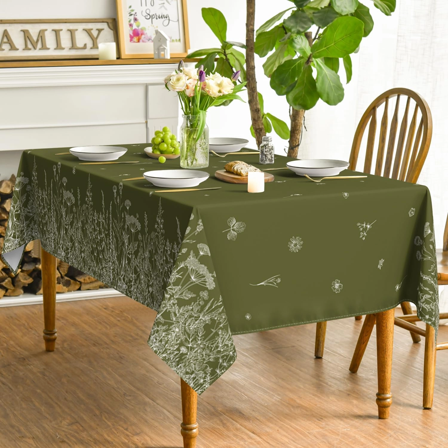 Horaldaily Spring Summer Tablecloth 60×120 Inch Rectangular, Wild Flowers Floral Moss Green Washable Seasonal Table Cover for Party Picnic Dinner Decor