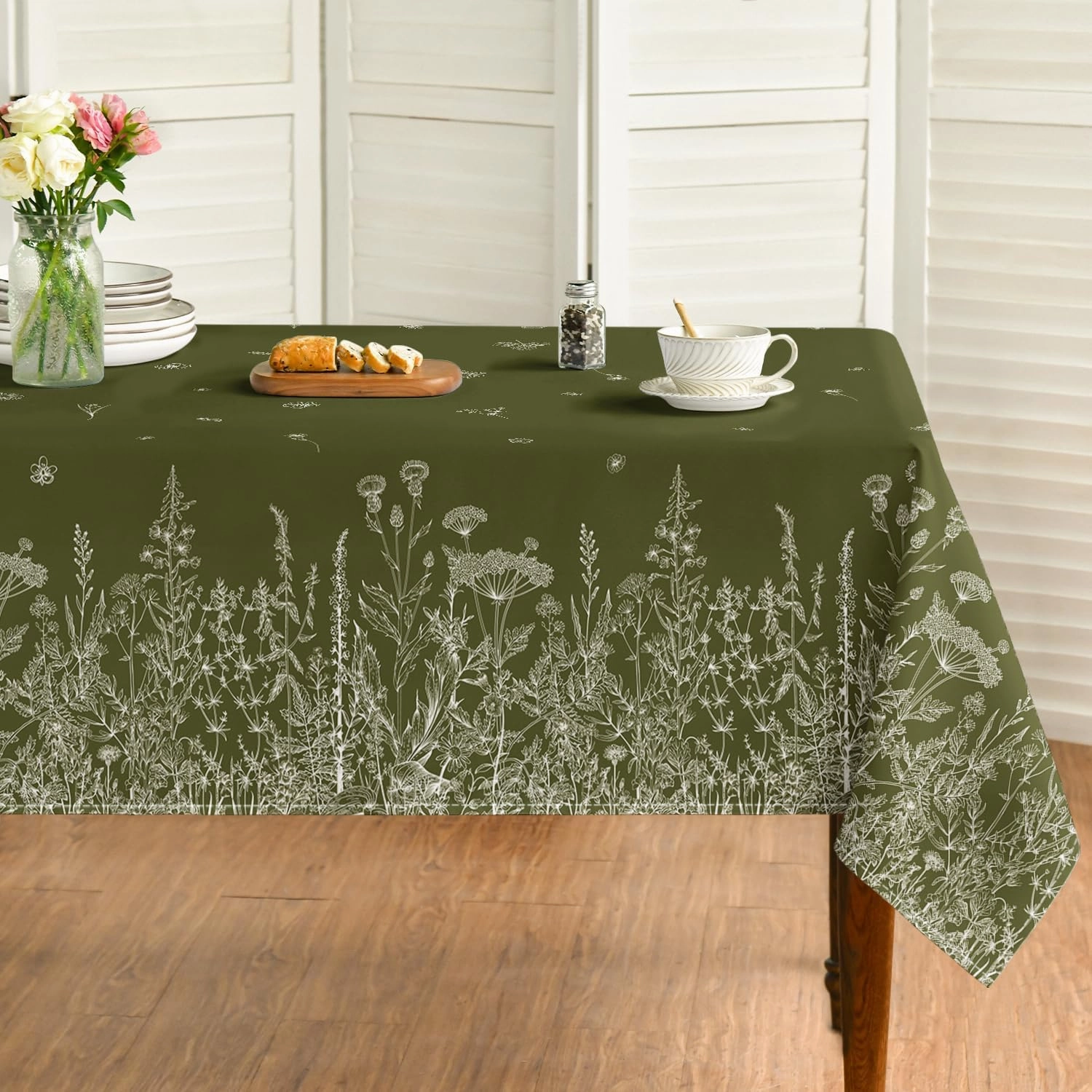Horaldaily Spring Summer Tablecloth 60×120 Inch Rectangular, Wild Flowers Floral Moss Green Washable Seasonal Table Cover for Party Picnic Dinner Decor