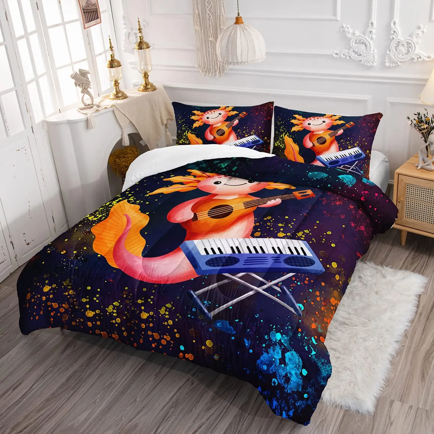 HOSIMA Axolotl Kids Bedding Set - Cute Cartoon Axolotl and Colorful Background-Sea Animals Queen Comforter with 2 Pillowcase