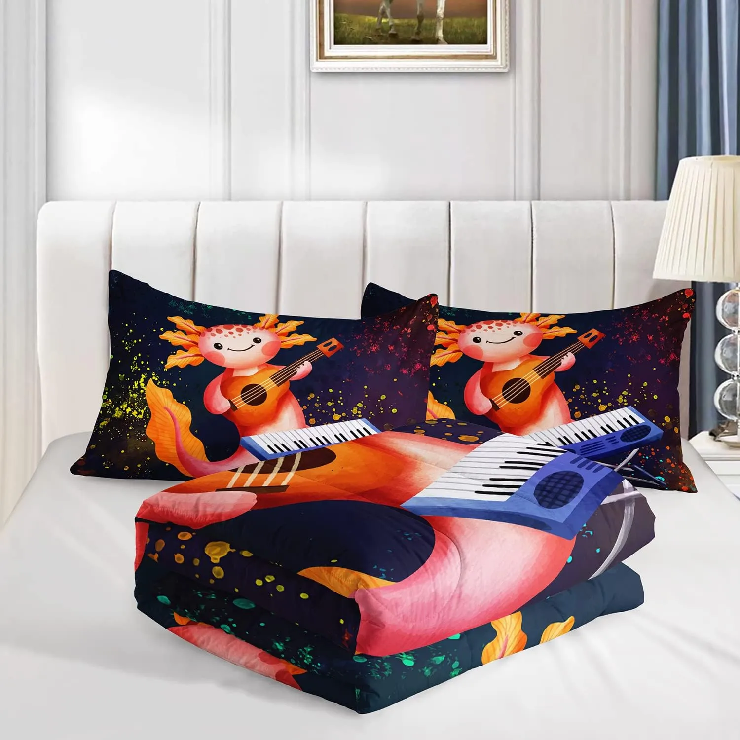 HOSIMA Axolotl Kids Bedding Set - Cute Cartoon Axolotl and Colorful Background-Sea Animals Queen Comforter with 2 Pillowcase