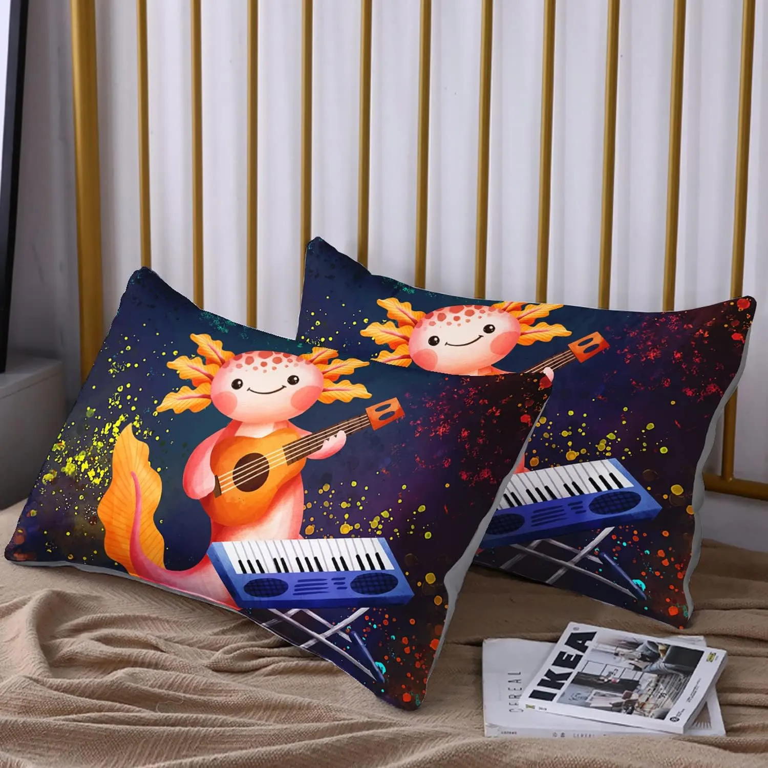 HOSIMA Axolotl Kids Bedding Set - Cute Cartoon Axolotl and Colorful Background-Sea Animals Queen Comforter with 2 Pillowcase