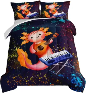 HOSIMA Axolotl Kids Bedding Set - Cute Cartoon Axolotl and Colorful Background-Sea Animals Queen Comforter with 2 Pillowcase