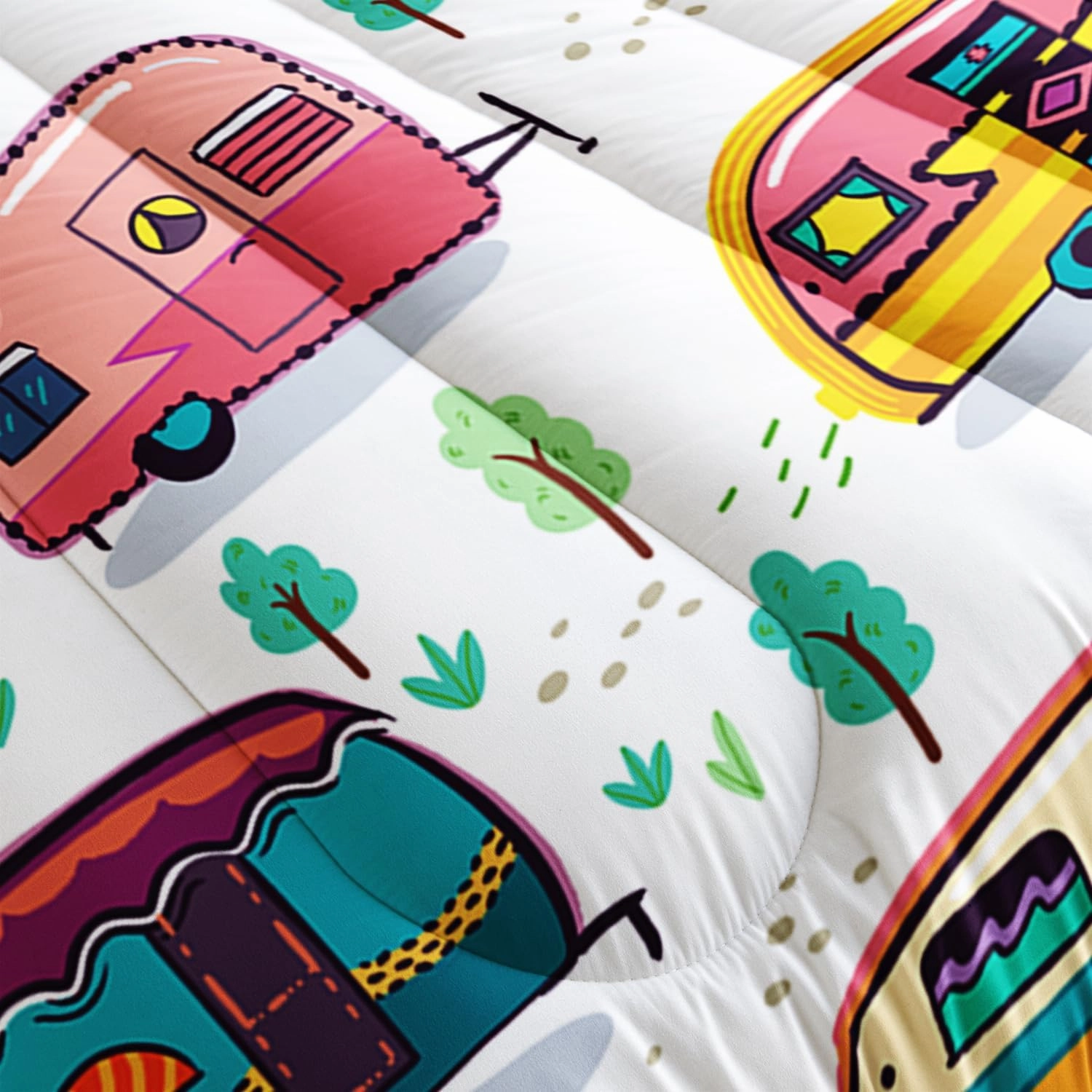 HOSIMA Happy Camping Bedding Set for Girls & Boys - Rustic Farmhouse Trailer Bedding with Forest Printed Comforter & 2 Pillowcases