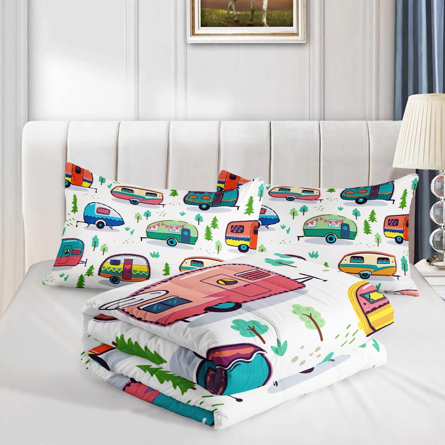 HOSIMA Happy Camping Bedding Set for Girls & Boys - Rustic Farmhouse Trailer Bedding with Forest Printed Comforter & 2 Pillowcases