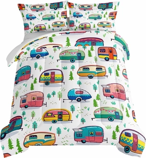 HOSIMA Happy Camping Bedding Set for Girls & Boys - Rustic Farmhouse Trailer Bedding with Forest Printed Comforter & 2 Pillowcases
