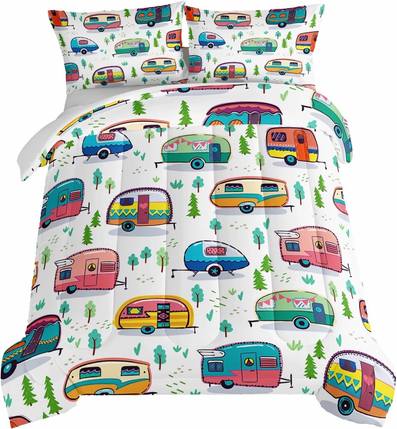 HOSIMA Happy Camping Bedding Set for Girls & Boys - Rustic Farmhouse Trailer Bedding with Forest Printed Comforter & 2 Pillowcases
