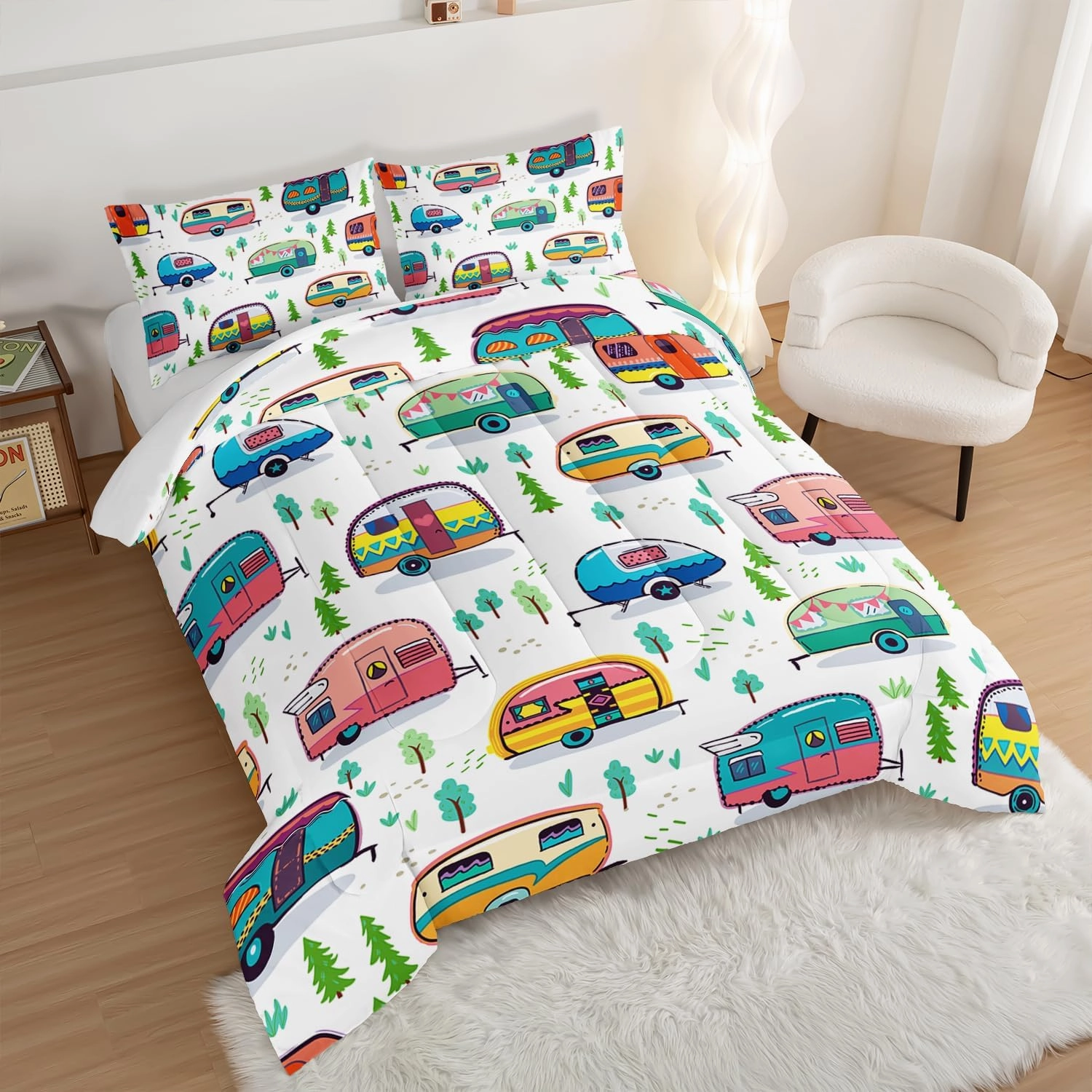 HOSIMA Happy Camping Bedding Set for Girls & Boys - Rustic Farmhouse Trailer Bedding with Forest Printed Comforter & 2 Pillowcases