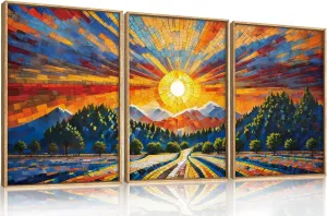 HOURIA Large Colorful Boho Mountain Framed Canvas Wall Art Set,Abstract Mountain Sun Wall Decor,Forest Nature Landscape Art Print for Living Room, Bedroom, Office- 16"x24"x3