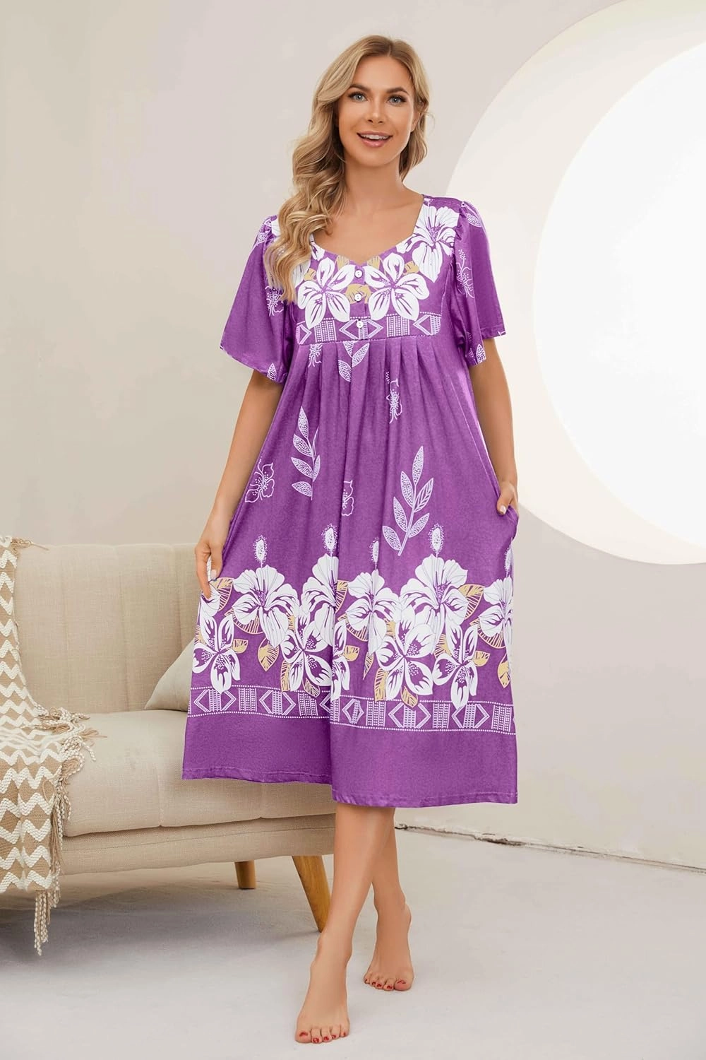 House Dresses for Women with Pockets Mumu Dresses Short Sleeve Moo Moos for Women Nightgown Duster Lounge Dress S-3XL