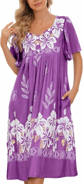 House Dresses for Women with Pockets Mumu Dresses Short Sleeve Moo Moos for Women Nightgown Duster Lounge Dress S-3XL
