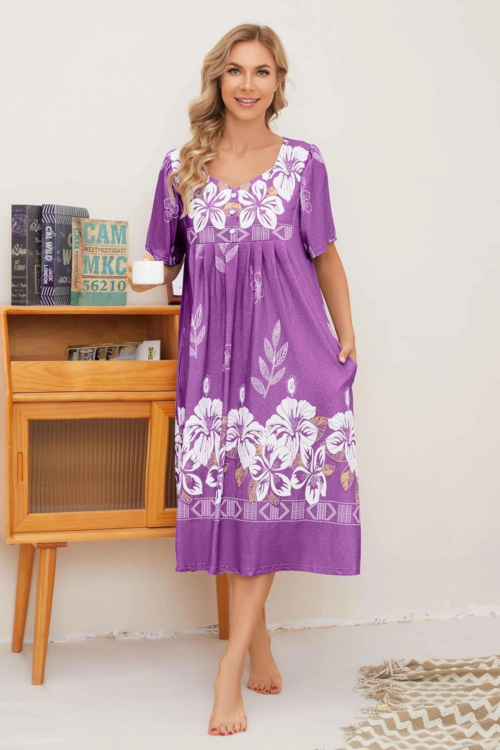 House Dresses for Women with Pockets Mumu Dresses Short Sleeve Moo Moos for Women Nightgown Duster Lounge Dress S-3XL