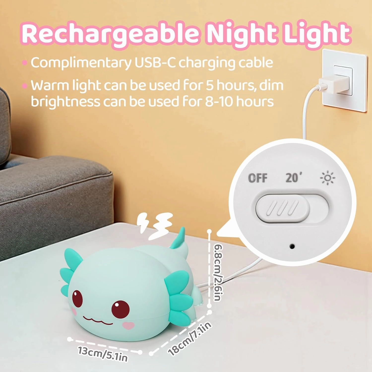 Huggwaii Squishy Axolotl Night Light for Kids – Dimmable Silicone Axolotl Lamp, 2025 Upgraded Design, 20H Battery Life Rechargeable Lamp,Safe Sleep Aid Gift for Toddlers, Girls&Baby Room Decor