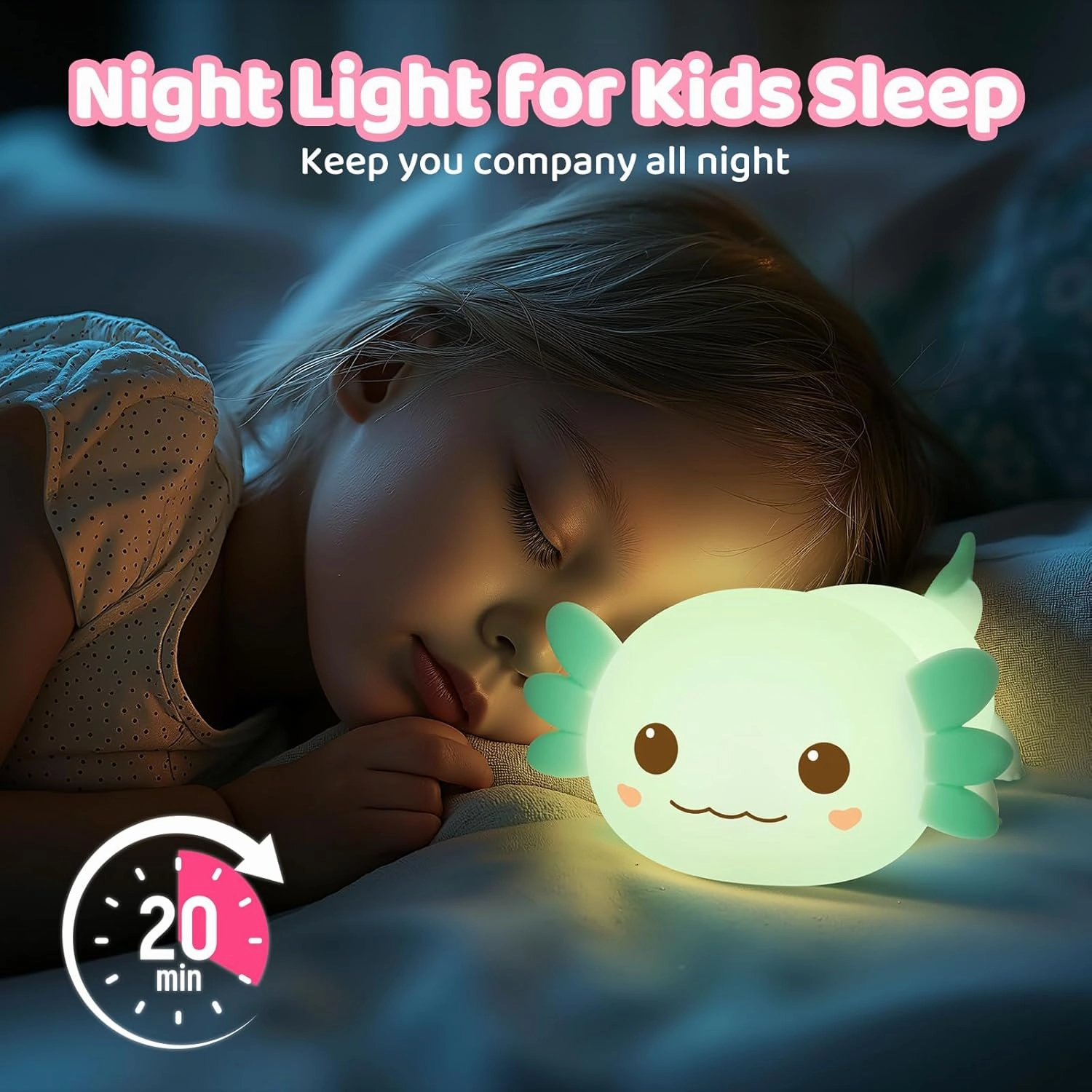 Huggwaii Squishy Axolotl Night Light for Kids – Dimmable Silicone Axolotl Lamp, 2025 Upgraded Design, 20H Battery Life Rechargeable Lamp,Safe Sleep Aid Gift for Toddlers, Girls&Baby Room Decor