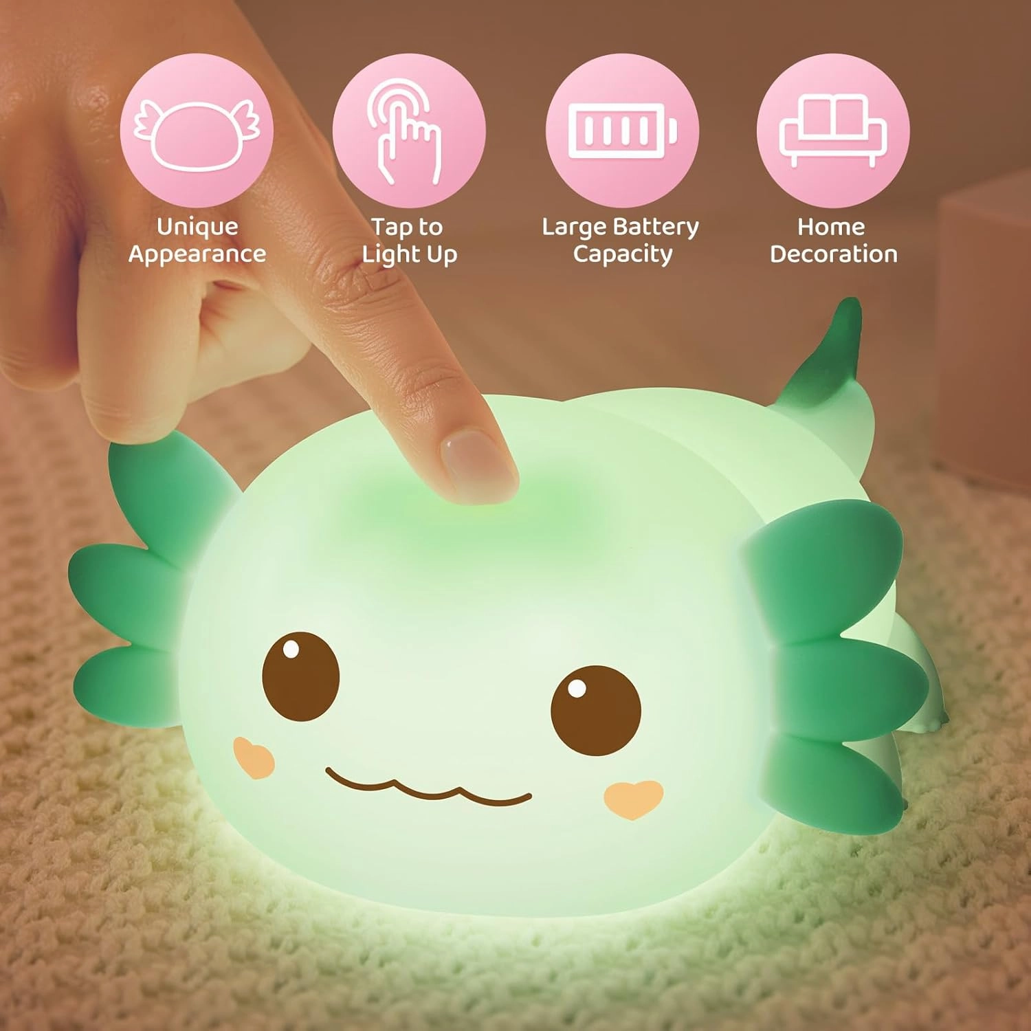 Huggwaii Squishy Axolotl Night Light for Kids – Dimmable Silicone Axolotl Lamp, 2025 Upgraded Design, 20H Battery Life Rechargeable Lamp,Safe Sleep Aid Gift for Toddlers, Girls&Baby Room Decor