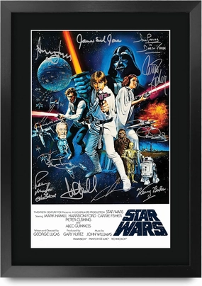 HWC Trading Star Wars a New Hope Movie Poster Cast Signed 16" x 12" Framed Gift Printed Autograph Film Mark Hamill Harrison Ford Carrie Fisher Alec Guinness George Lucas Print Photo Picture Display -