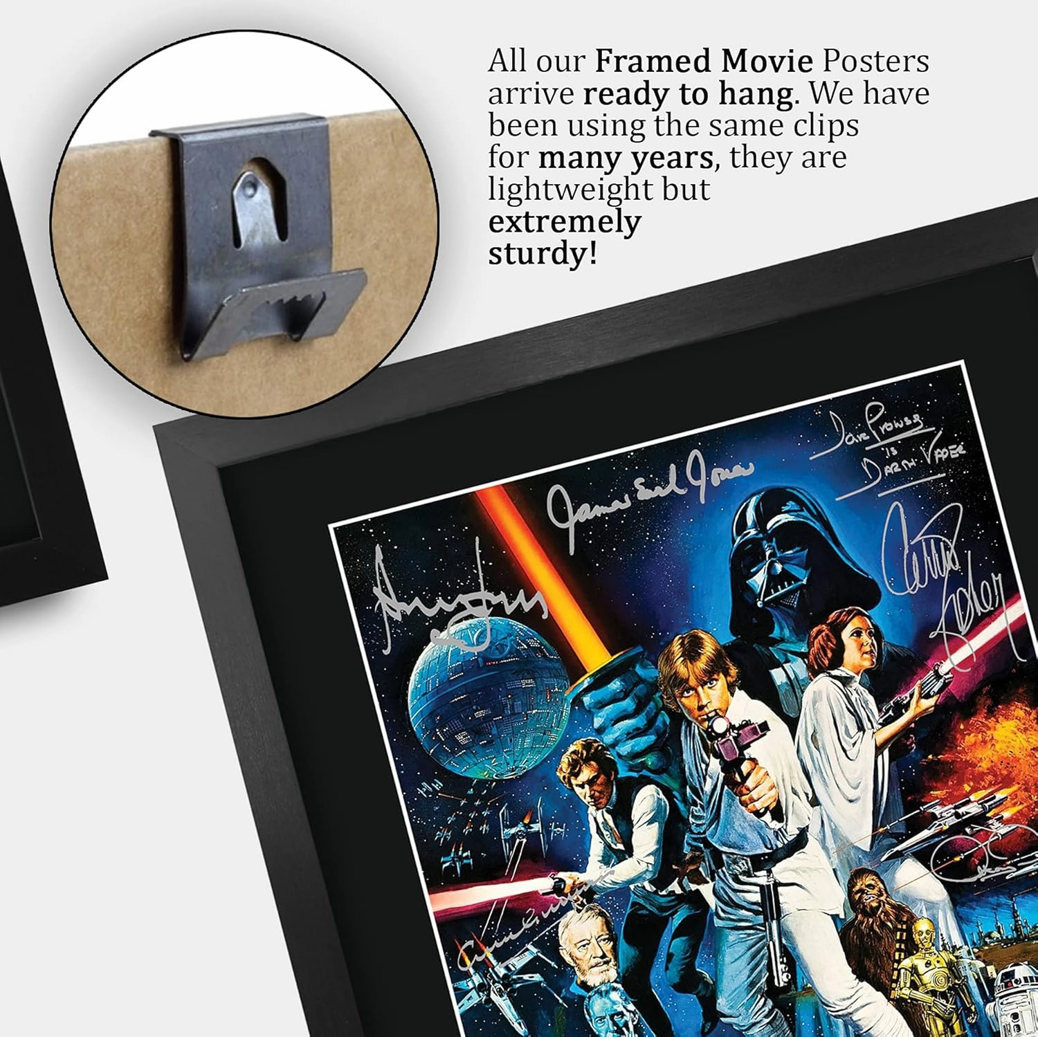 HWC Trading Star Wars a New Hope Movie Poster Cast Signed 16" x 12" Framed Gift Printed Autograph Film Mark Hamill Harrison Ford Carrie Fisher Alec Guinness George Lucas Print Photo Picture Display -