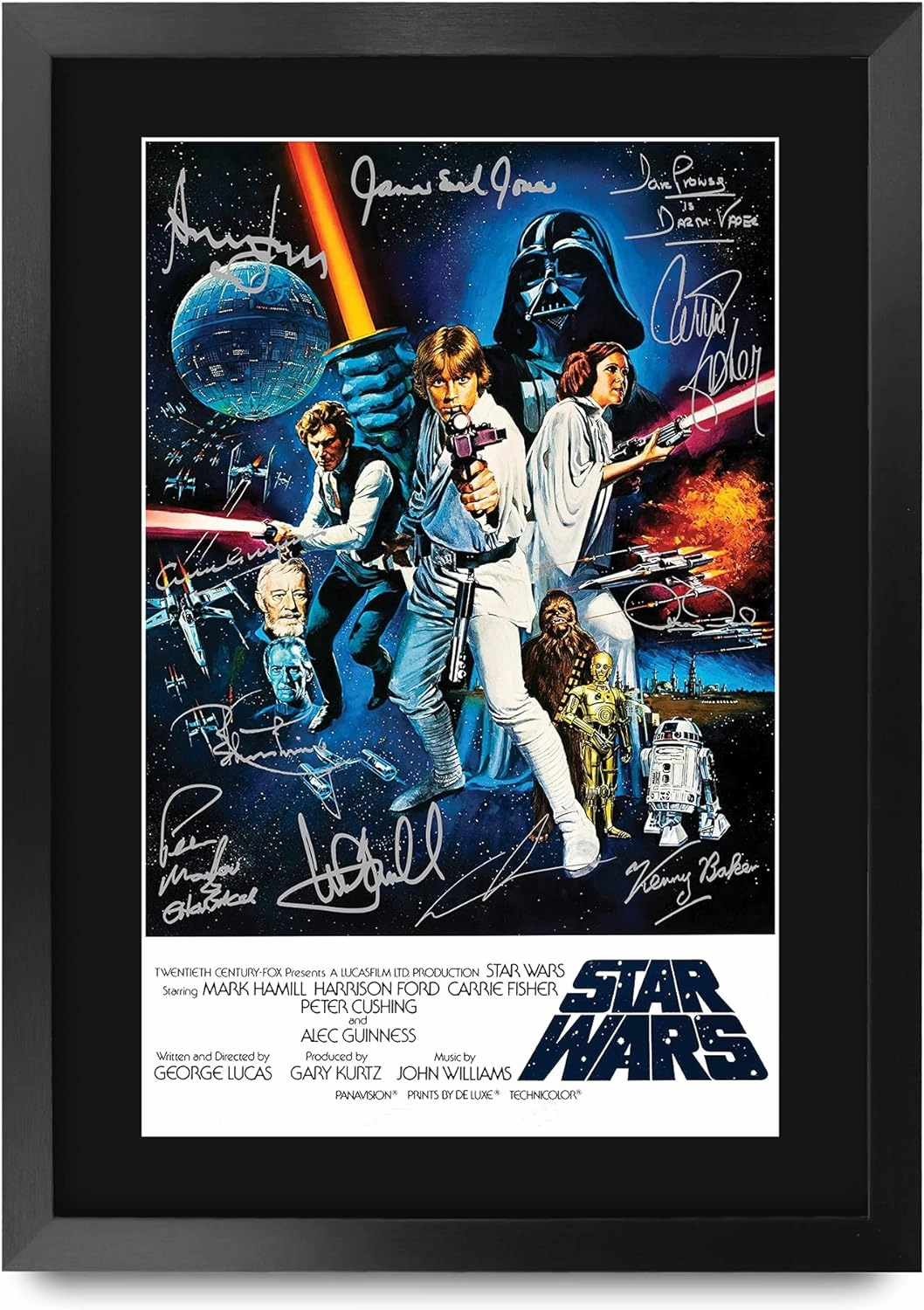 HWC Trading Star Wars a New Hope Movie Poster Cast Signed 16" x 12" Framed Gift Printed Autograph Film Mark Hamill Harrison Ford Carrie Fisher Alec Guinness George Lucas Print Photo Picture Display -