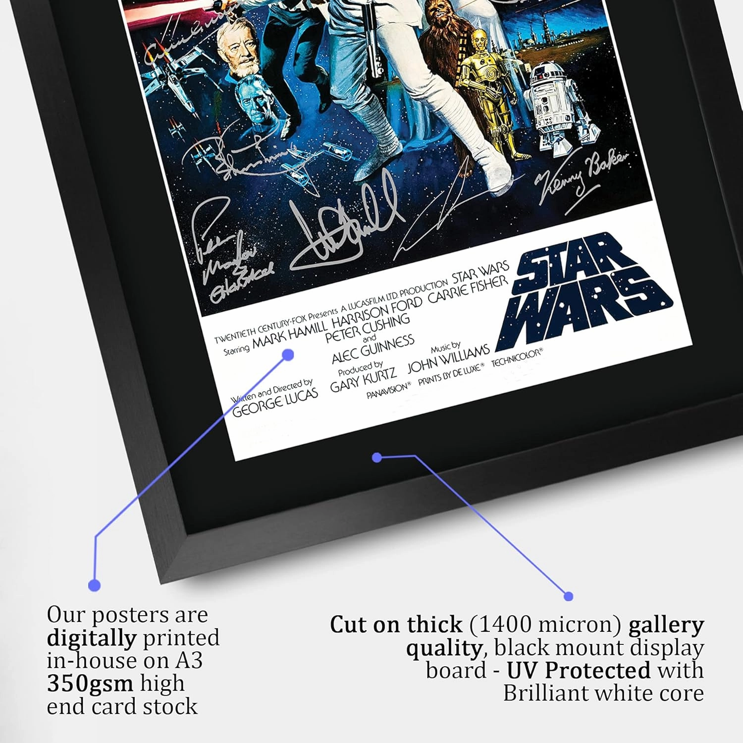 HWC Trading Star Wars a New Hope Movie Poster Cast Signed 16" x 12" Framed Gift Printed Autograph Film Mark Hamill Harrison Ford Carrie Fisher Alec Guinness George Lucas Print Photo Picture Display -