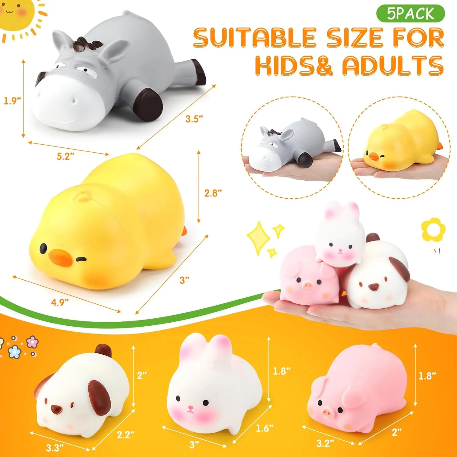 HyDren 5 Pcs Farm Animal Stress Balls Squeeze Ball Stress Relief Toy Bunny Dog Pig Duck Donkey Sensory Toys for Anxiety Relief Improve Focus Relax Children Adults Farm Animal Party Favors