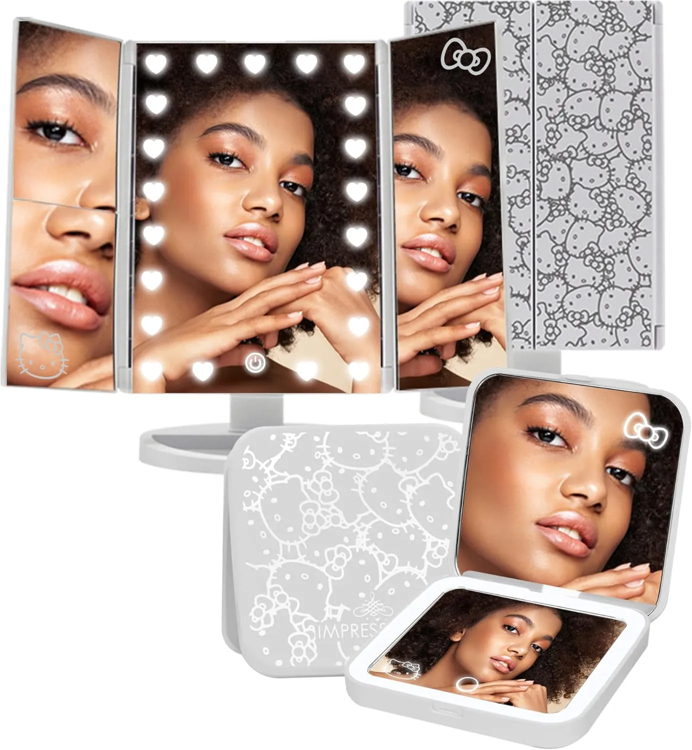 Impressions Vanity Hello Kitty Lighted Makeup Mirrors Bundle, Supercute Trifold and Compact Mirror with LED Lights, Magnification, Touch Screen, Travel Accessories Portable Hand Mirror (White)