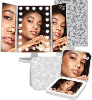 Impressions Vanity Hello Kitty Lighted Makeup Mirrors Bundle, Supercute Trifold and Compact Mirror with LED Lights, Magnification, Touch Screen, Travel Accessories Portable Hand Mirror (White)