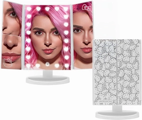 Impressions Vanity Hello Kitty Trifold LED Mirror, Desk Mirror with Lights and Touch Sensor Dimmer, Lighted Makeup Mirror with Adjustable 2X and 3X Magnifying Mirror (White)