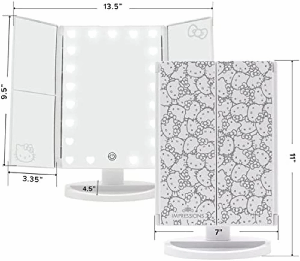 Impressions Vanity Hello Kitty Trifold LED Mirror, Desk Mirror with Lights and Touch Sensor Dimmer, Lighted Makeup Mirror with Adjustable 2X and 3X Magnifying Mirror (White)