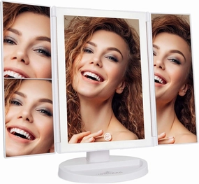 Impressions Vanity Makeup Mirror, Touch Trifold 2.0 LED Mirror with Lights and 3X/2X Magnification, Travel Lighted Mirror Tabletop with Standing Base and USB (White)