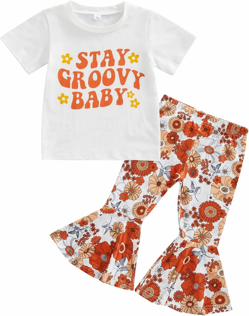 Infant Baby Girl Casual Summer Clothes Two Groovy Party Decorations Toddler Letter Print T-Shirt Flower Bell Bottom