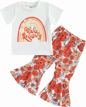 Infant Baby Girl Casual Summer Clothes Two Groovy Party Decorations Toddler Letter Print T-Shirt Flower Bell Bottom