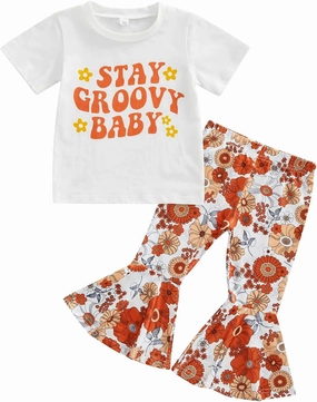 Infant Baby Girl Casual Summer Clothes Two Groovy Party Decorations Toddler Letter Print T-Shirt Flower Bell Bottom