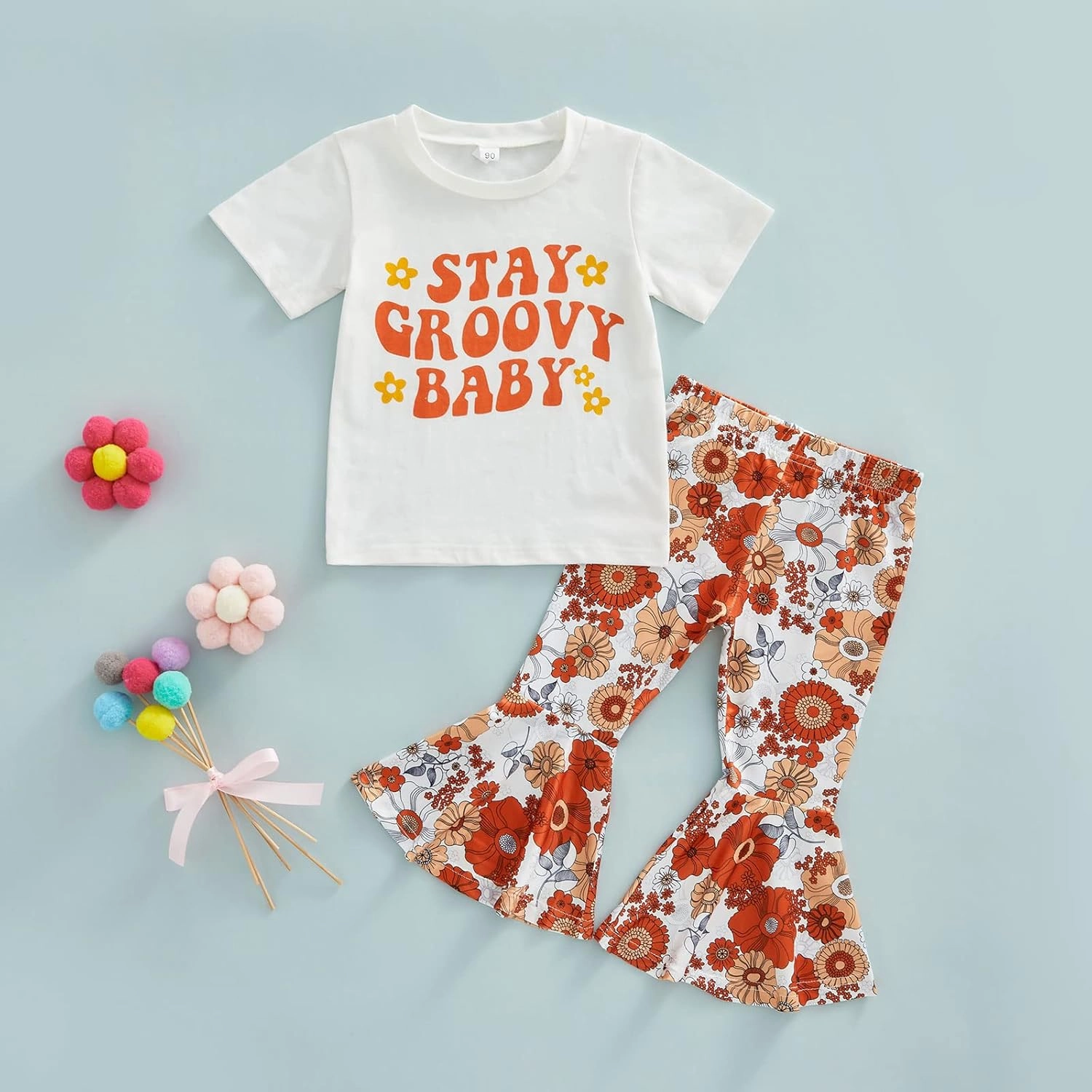 Infant Baby Girl Casual Summer Clothes Two Groovy Party Decorations Toddler Letter Print T-Shirt Flower Bell Bottom