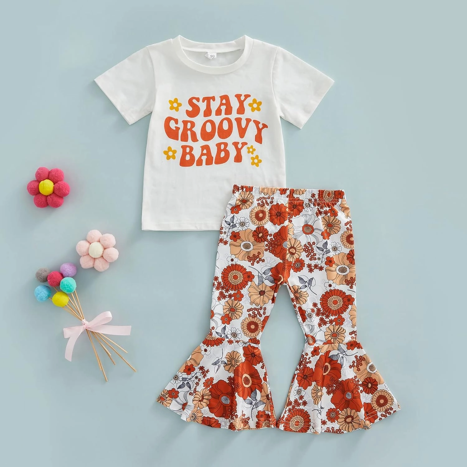 Infant Baby Girl Casual Summer Clothes Two Groovy Party Decorations Toddler Letter Print T-Shirt Flower Bell Bottom