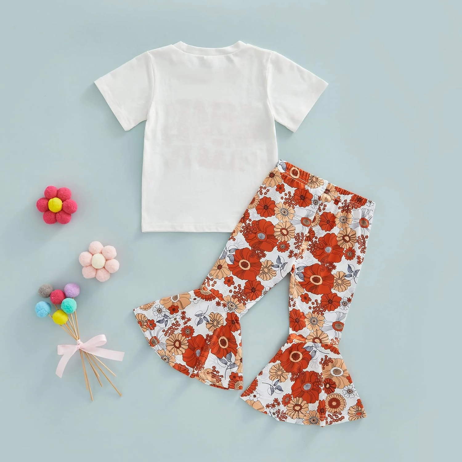 Infant Baby Girl Casual Summer Clothes Two Groovy Party Decorations Toddler Letter Print T-Shirt Flower Bell Bottom