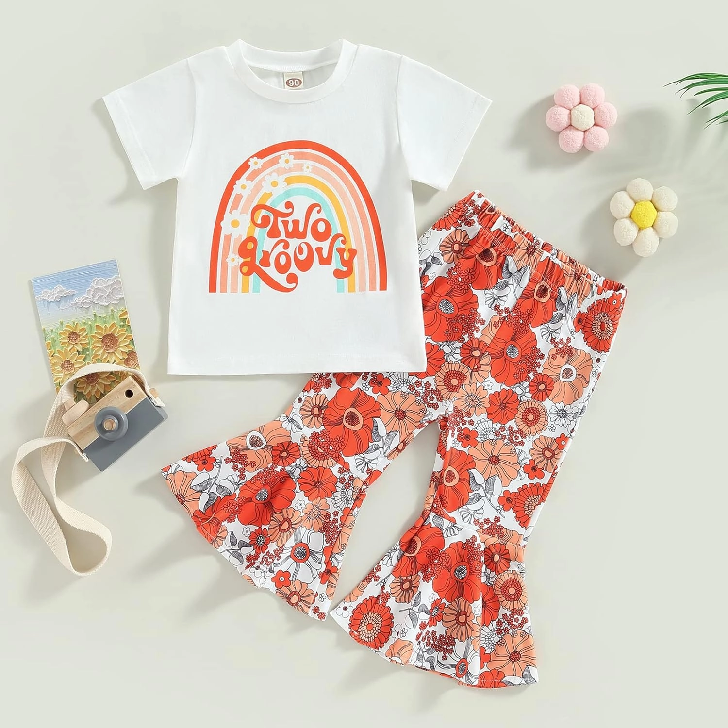 Infant Baby Girl Casual Summer Clothes Two Groovy Party Decorations Toddler Letter Print T-Shirt Flower Bell Bottom