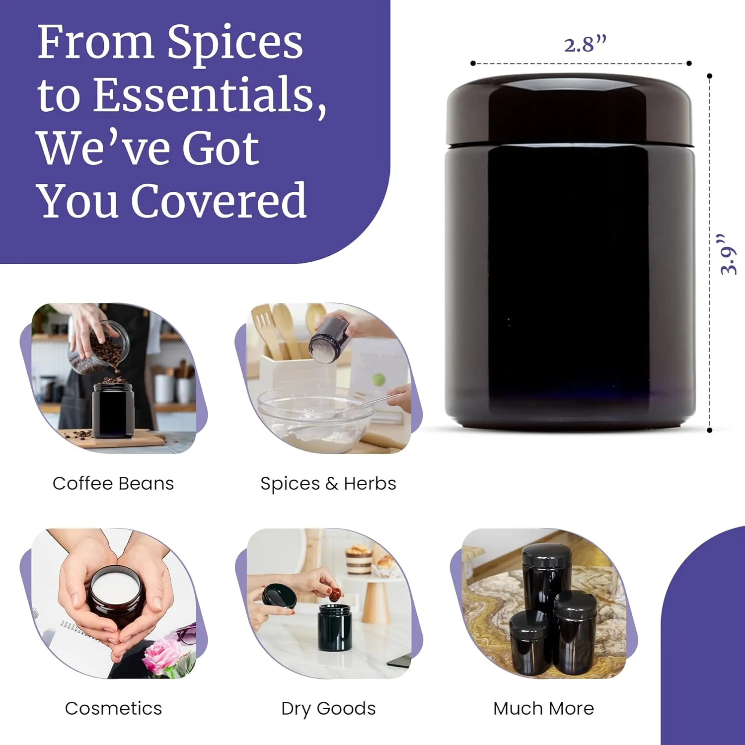 Infinity Jars Classic Black Glass Jar 250 ml (8.3 fl oz) Ultraviolet Airtight Smell Proof Refillable Container Screw top Jar for Long term storage Coffee, Spices, Dried Goods Jar for Kitchen 3 Pack