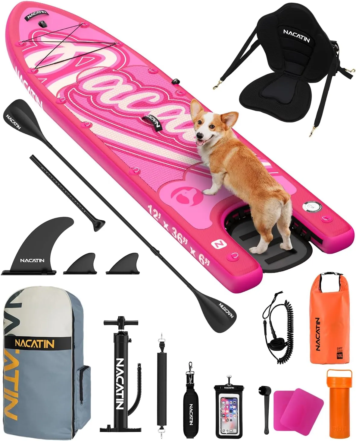Inflatable Stand Up Paddle Board - Premium SUP Board with Dog Ramp Kit, Complete SUP Set Paddle Boards for Adults, with Single/Double Paddle, Kayak Seat and More Accessories