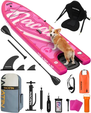Inflatable Stand Up Paddle Board - Premium SUP Board with Dog Ramp Kit, Complete SUP Set Paddle Boards for Adults, with Single/Double Paddle, Kayak Seat and More Accessories