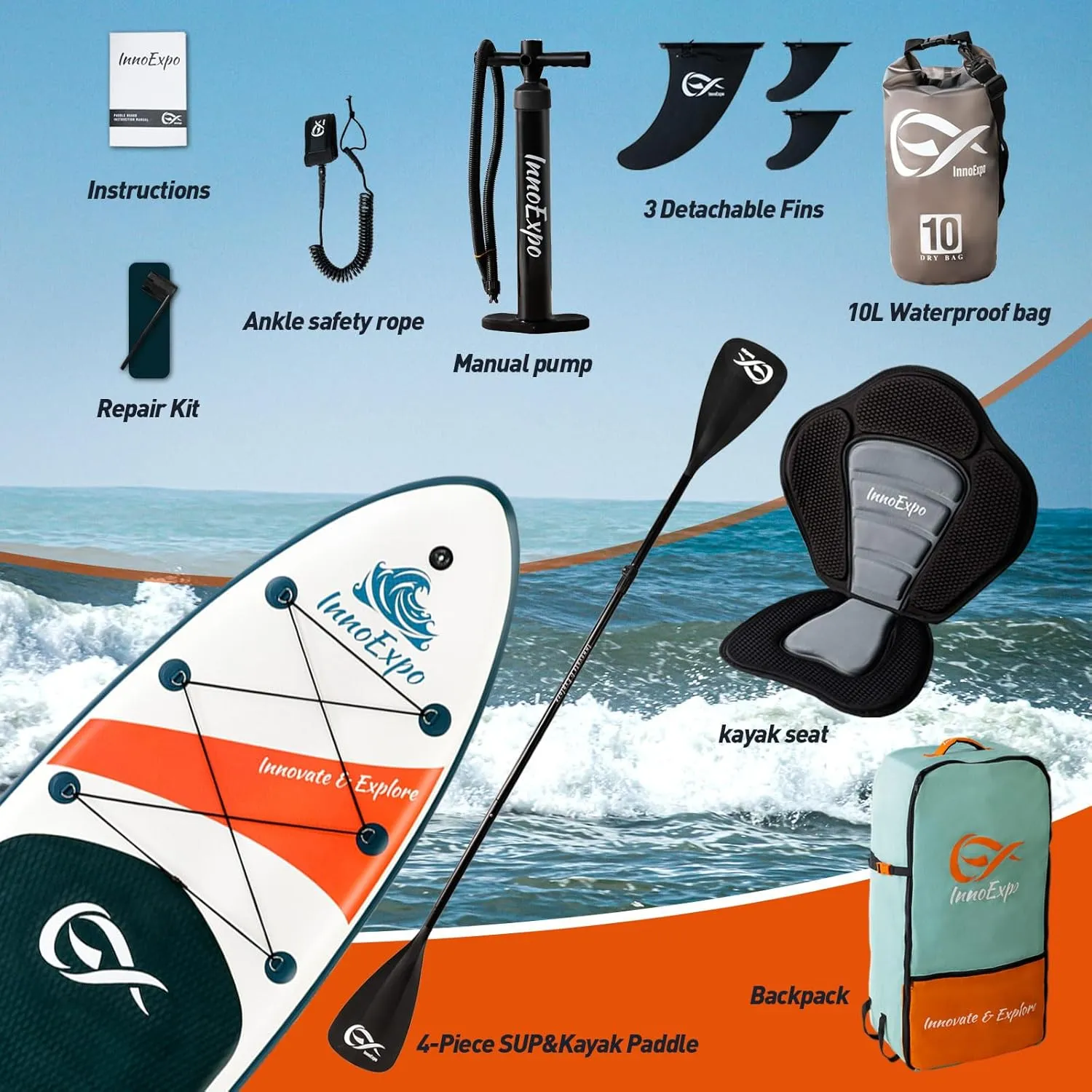 InnoExpo Inflatable Stand Up Paddle Boards with Premium Accessories, Wide Stable SUP Paddle Board Design, Non-Slip Comfort Deck for Youth & Adults