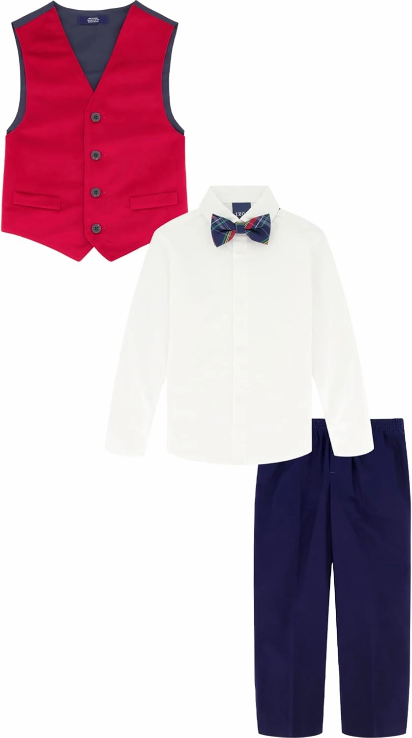 IZOD Boys' 4-Piece Set with Collared Dress Shirt, Tie, Vest, and Pants