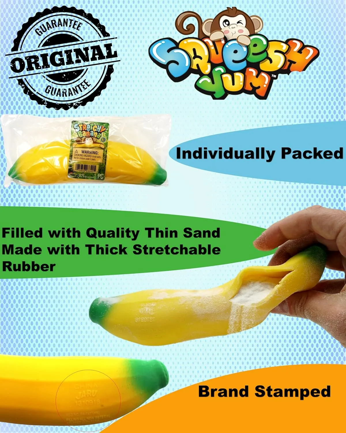 JA-RU Stretchy Banana Toy (8 Fidget Toy Pack) Slow Rising Squishy Banana for Kids. Sand Filled Stress Toy. Fake Banana Gag Gift. Bulk Fruit Party Favors & Stocking Stuffers. 3340-8p