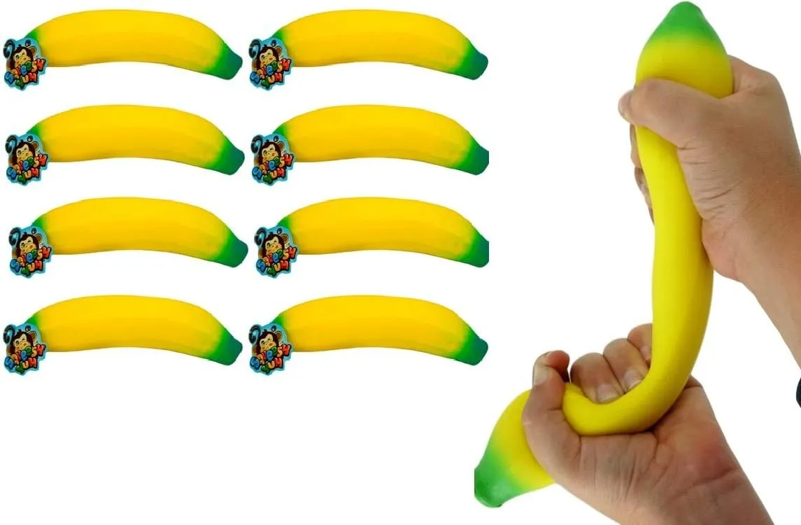 JA-RU Stretchy Banana Toy (8 Fidget Toy Pack) Slow Rising Squishy Banana for Kids. Sand Filled Stress Toy. Fake Banana Gag Gift. Bulk Fruit Party Favors & Stocking Stuffers. 3340-8p
