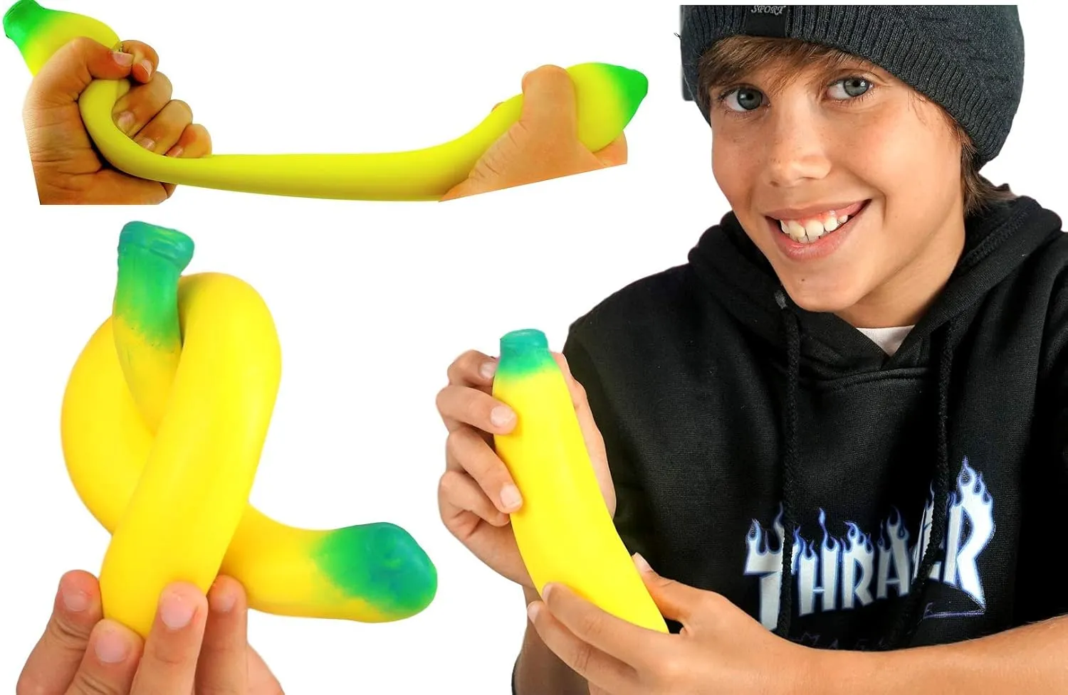 JA-RU Stretchy Banana Toy (8 Fidget Toy Pack) Slow Rising Squishy Banana for Kids. Sand Filled Stress Toy. Fake Banana Gag Gift. Bulk Fruit Party Favors & Stocking Stuffers. 3340-8p