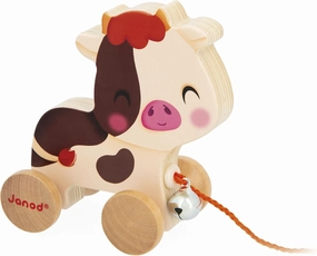 Janod - Wooden Ride-On Cow with Bell - Pull-Along and Push-Along Toy - Motor Skills & Imagination Training - 50cm String Suitable for Small Hands - FSC Certified - from 12 Months, J03324