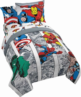Jay Franco Marvel Avengers Comic Cool 5 Piece Twin Bed Set - Includes Comforter & Sheet Set - Bedding Features Captain America, Spiderman, Iron Man, Hulk, & Thor - Super Soft