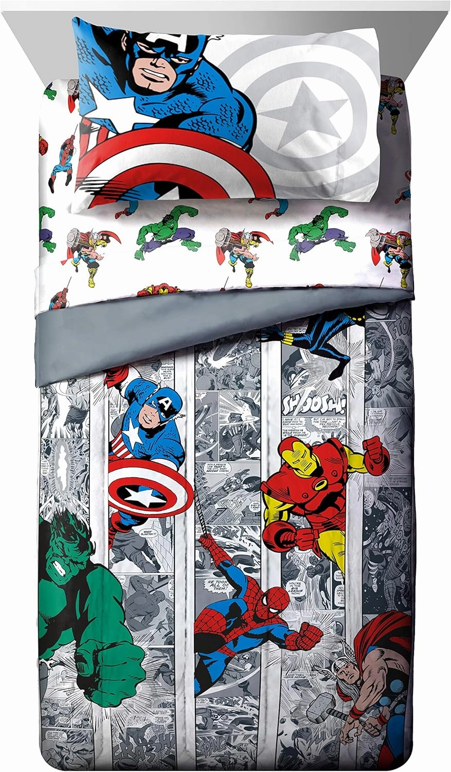 Jay Franco Marvel Avengers Comic Cool 5 Piece Twin Bed Set - Includes Comforter & Sheet Set - Bedding Features Captain America, Spiderman, Iron Man, Hulk, & Thor - Super Soft