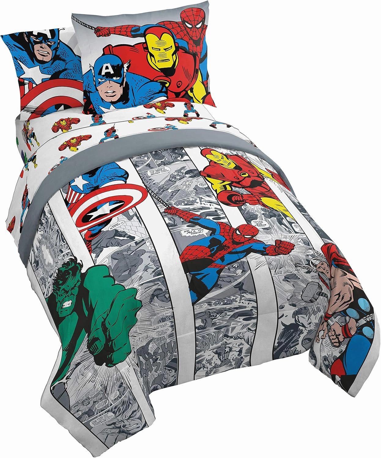 Jay Franco Marvel Avengers Comic Cool 5 Piece Twin Bed Set - Includes Comforter & Sheet Set - Bedding Features Captain America, Spiderman, Iron Man, Hulk, & Thor - Super Soft
