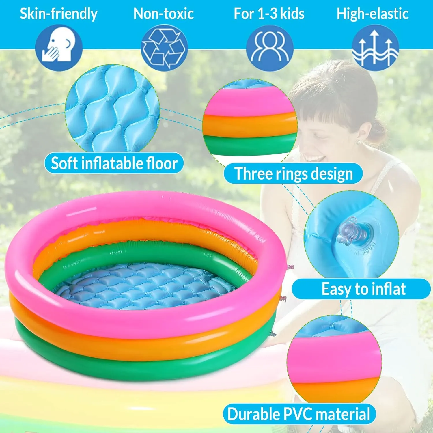 Jerify 6 Pack Kiddie Pool for Toddler 34 x 10 Inch Inflatable Kids Swimming Pool Small Baby Blow up 3 Rings Round Baby Padding Ball Pond for Indoor and Outdoor Water Game Play Center(Bright Style)